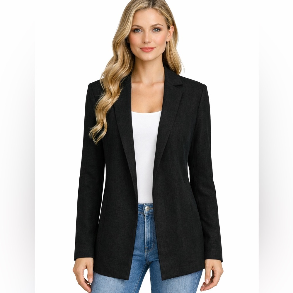 Eileen Fisher System Black Open Jacket Linen Blend Pockets Minimalist Size XS